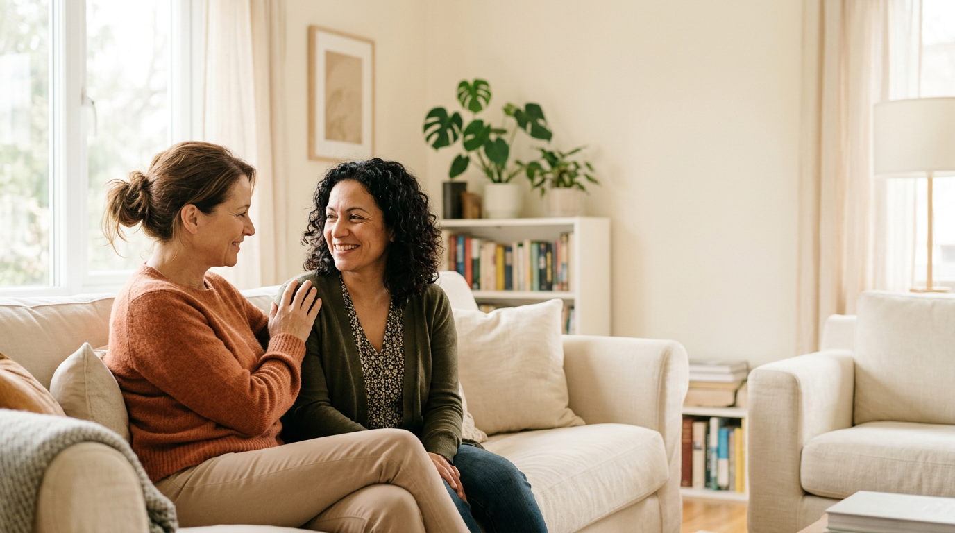 Two women sitting together on a sofa, one comforting the other
