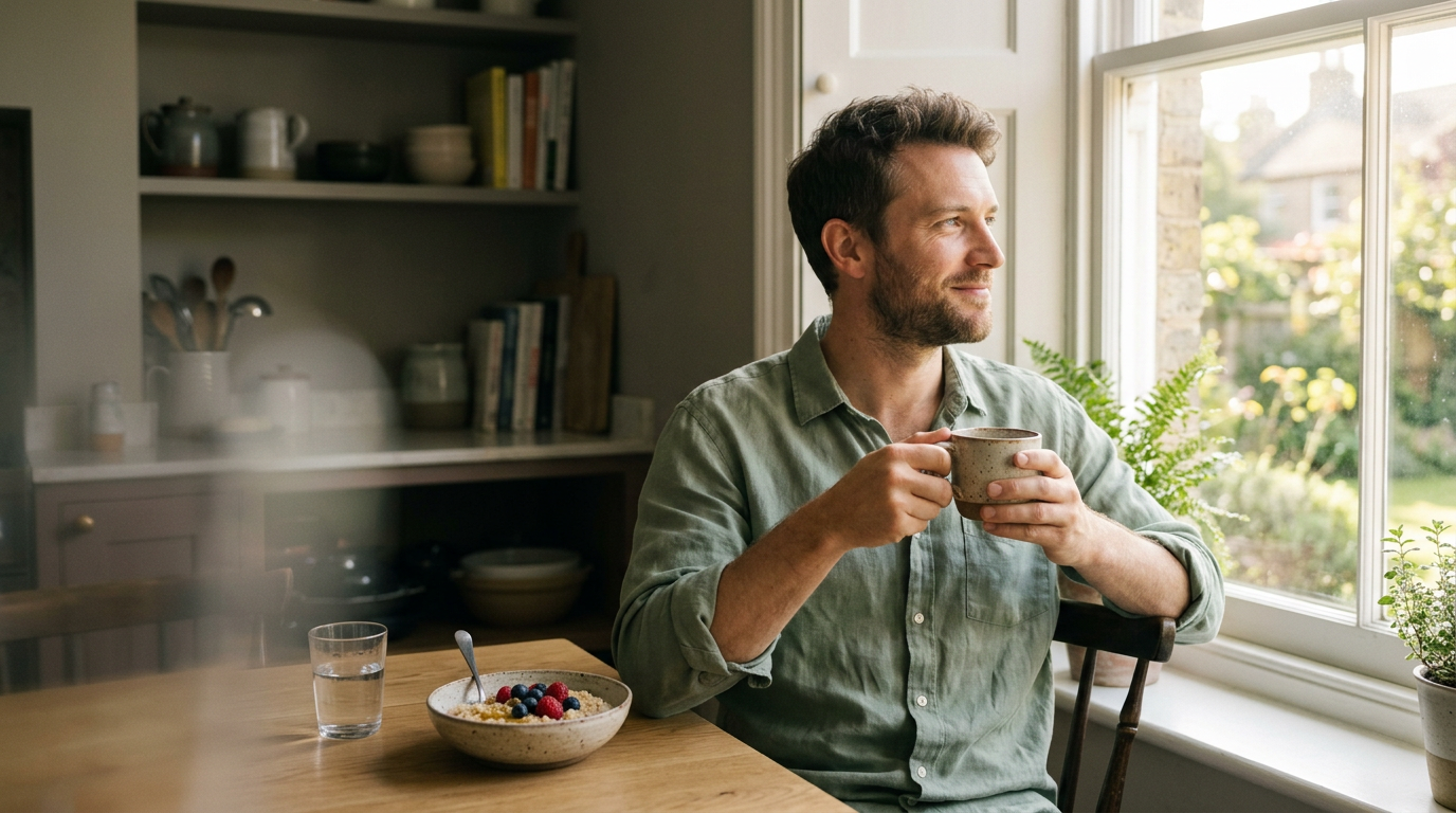A man relaxing with a cup of tea by a sunlit kitchen window