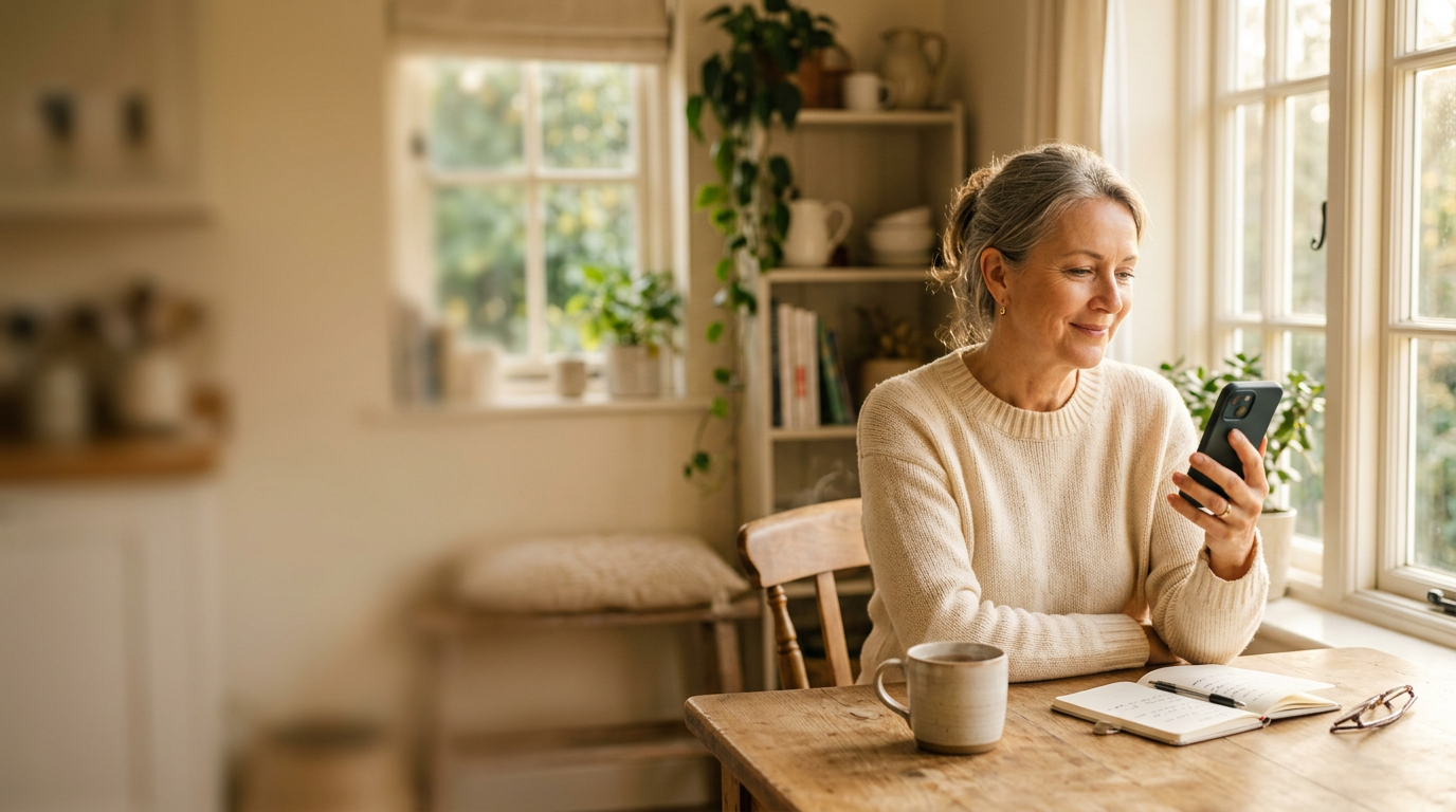 A woman at a sunlit kitchen table smiling as she checks her phone