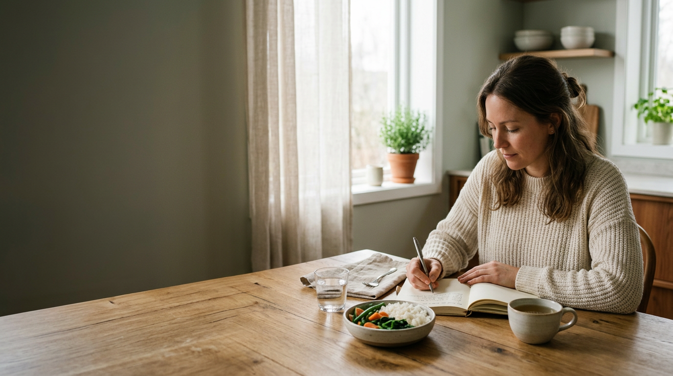 A woman writing in a food and symptom journal at a bright kitchen table